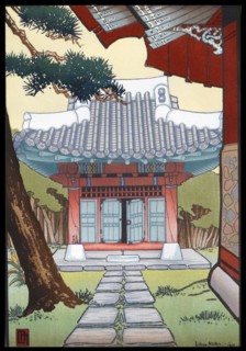 Colour woodcut titled 'A Korean Shrine' by Lillian May Miller