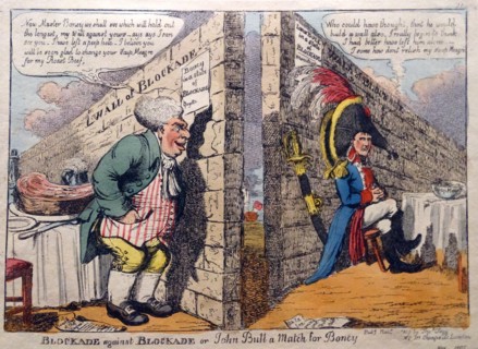 Hand-coloured etching titled 'Blockade Against Blockade' by Charles Williams