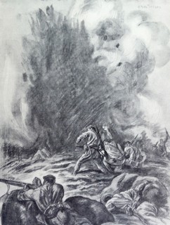 Nationalist soldiers advance under enemy fire;Illustration from the Spanish Civil War
