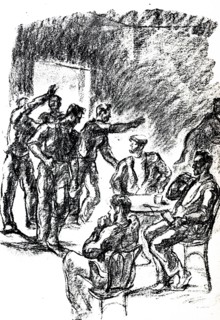 Falangist's entering canteen in the Spanish Civil War.