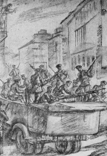 Falangist's commandeer vehicles in the Spanish Civil War.