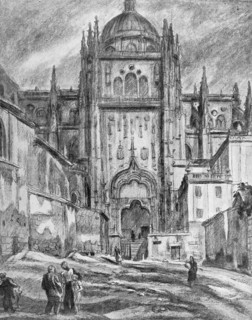 Illustration depicting Salamanca Cathedral, Spain 1936. By Carlos Saenz de Tejada