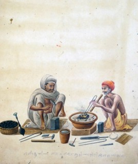 Watercolour illustration of a silversmith and his assistant