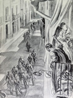soldiers patrol the city of Valladolid during the Spanish civil war.
