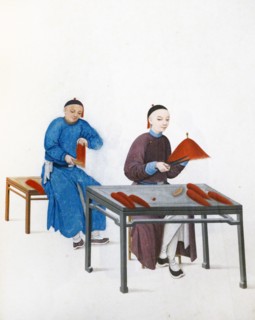 Colour illustration depicting Chinese men making tassels for hats