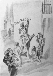 Spanish Civil war illustration of communist republicans painting slogan on a wall. 1936