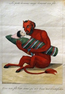 Hand-coloured etching titled 'Le petit homme rouge berçant son fils' by Anonymous