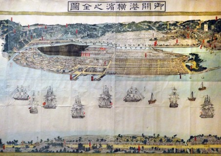 Colour woodblock print of the Complete Picture of the Officially Opened Port of Yokohama, near Edo (Tokyo)