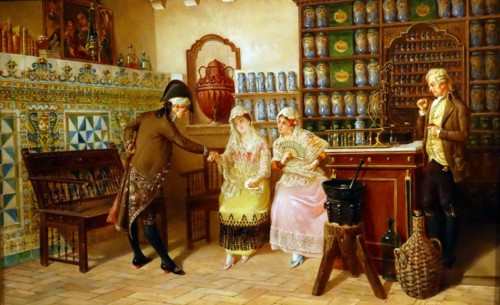 A medical practitioner taking a lady's pulse in a pharmacy' by Emili Casals I Camps