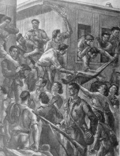 Propaganda illustration depicting drunken Anarchist militia seizing a train