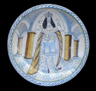 Tin-glazed earthenware dish possibly depicting the coronation of Charles II
