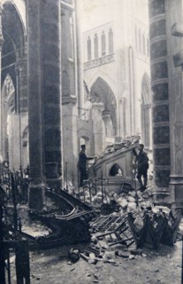 Photograph showing the aftermath of the bombing of the Cathedral of San Quintin