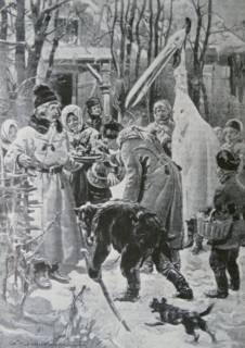 Engraving depicting Christmas in Poland: The Stork as Carol-Singer