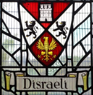Disraeli family crest in a stained glass window at Hughenden Manor