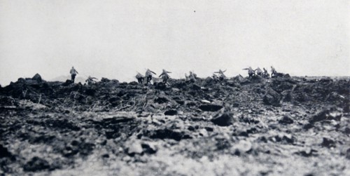 World war One: German troops run across a muddy terrain