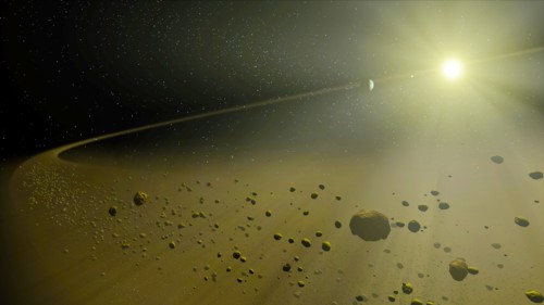 Artist concept depicts a distant hypothetical solar system
