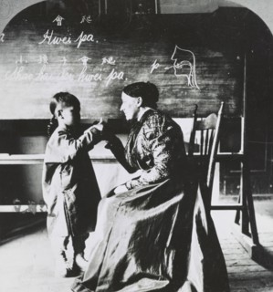 Reproduction of half of stereograph shows Annetta Thompson Mills