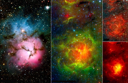 The false-colour Spitzer images reveal a different side of the Trifid Nebula