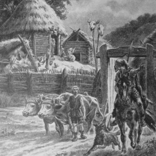 Engraving depicting the Stockade house of a German farmer during the 12th Century