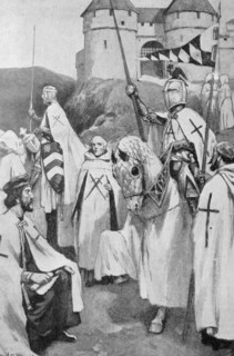 Engraving depicting the Knights of the sword and knights of the Teutonic Order