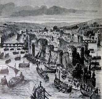 Engraving depicting Paris being besieged by the Northmen in the 9th Century