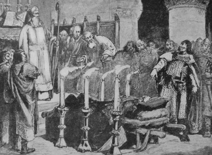 Engraving depicting Fitz-Arthur forbidding the burial of William the Conqueror