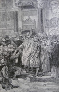 Engraving depicting King Louis VII of France distributing gold and silver to the church and the poor