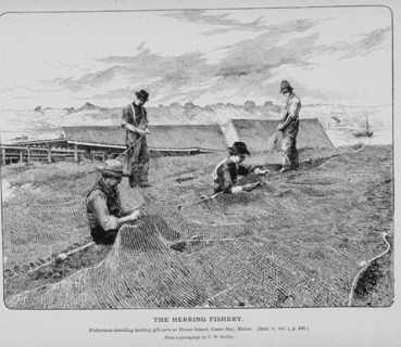 Fishermen mending herring gill-nets at House Island