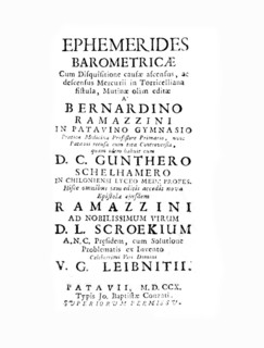 Title page to: Ephemerides barometricae cum disquisitione causae ascensus by Bernardino Ramazzini