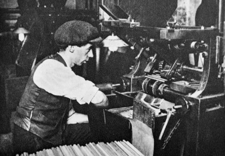 male machine operator in a pencil factory circa 1925