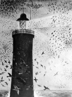 Illustration of birds circling a lighthouse at dusk 1930