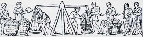 Woodcut depicting Roman slaves weighing produce