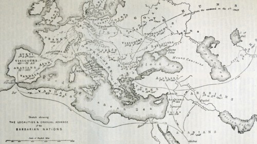 Map illustrating the localities of origin or occupation, and gradual advance of the Barbaric Nations