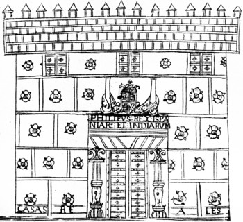 Woodcut depicting the Façade of the National Palace in Mexico