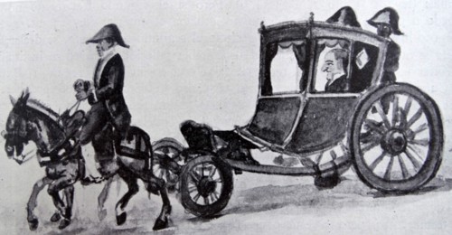 Watercolour titled 'The Colonial Society: Chaise Judge of the Royal Audience' by Pancho Fierro