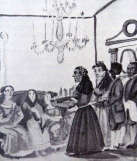 Watercolour titled 'The Colonial Society: Entertainment' by Pancho Fierro