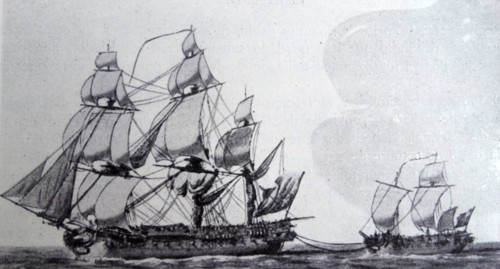 18th century Spanish warship with smaller vessel in tow 1790