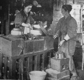 Painting depicting a bedroom and kitchen in a Japanese House