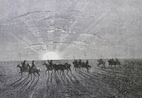 Painting depicting the sun setting in the Mongolian Desert