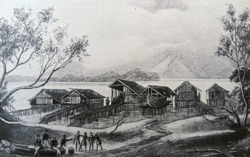 Engraving depicting the lake dwellings in New Guinea