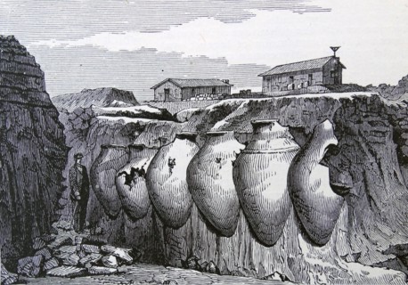 Engraving depicting a wine merchant's cellar in Ancient Troy