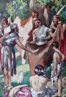 The Beginnings of Commerce: Primitive people battering ivory tusks and bull-hides by Ferdinand Cormon