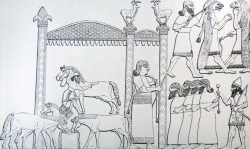Woodcut depicting a camp scene in the days of Nineveh's Power