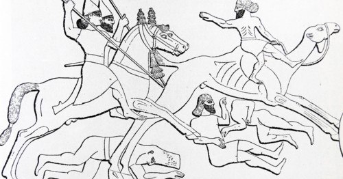 Woodcut depicting a chase in the desert during the days of Nineveh's Power