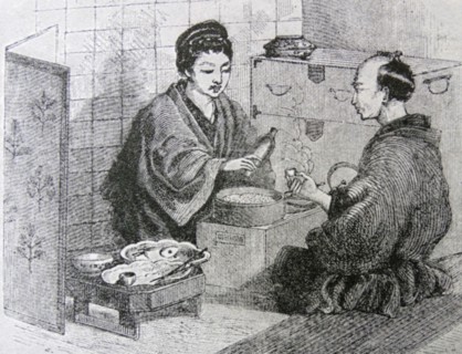 Illustration of a evening meal of a Japanese middle class family