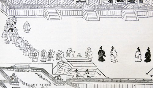 Illustration depicting the ceremony of worshiping the imperial ancestors in Japan