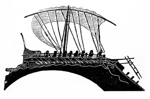 Greek Bireme ship repelling an attacking enemy ship 5th century BC
