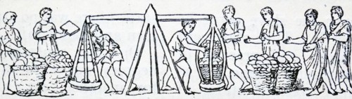 Drawing depicting Roman traders using weighing scales for baskets of goods