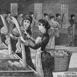 Engraving depicting women working in a linen factory