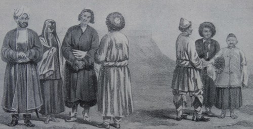 Illustration depicting the Ghilzai chieftain with tribesmen and hazara peasants of Ghazni